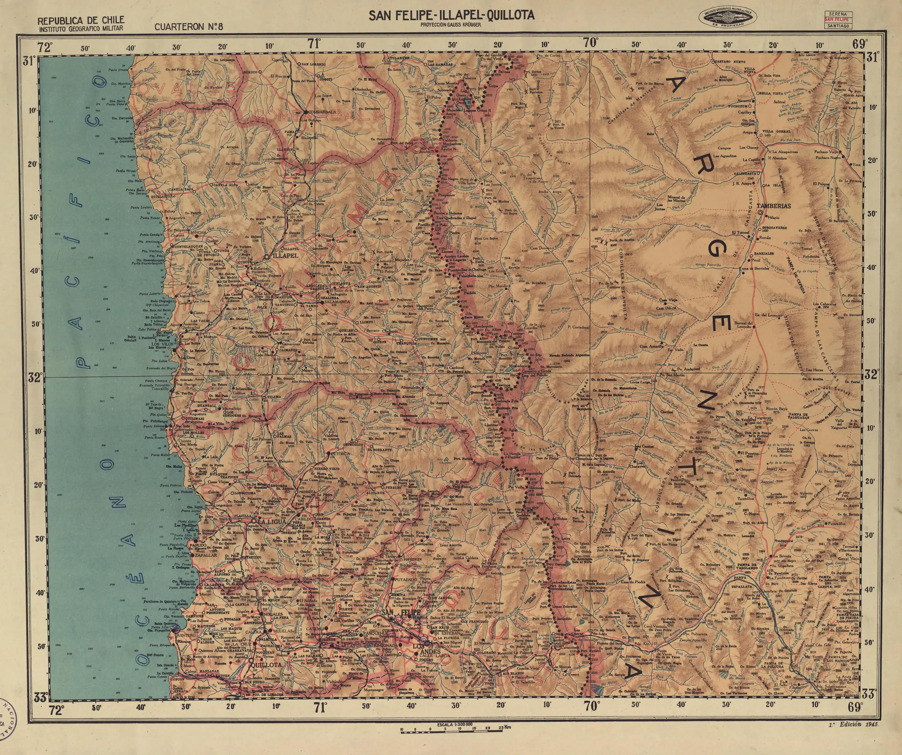 Mapa de la zona publicado por el Instituto Geográfico Militar de Chile en 1945 con una escala de 1:500.000 .
