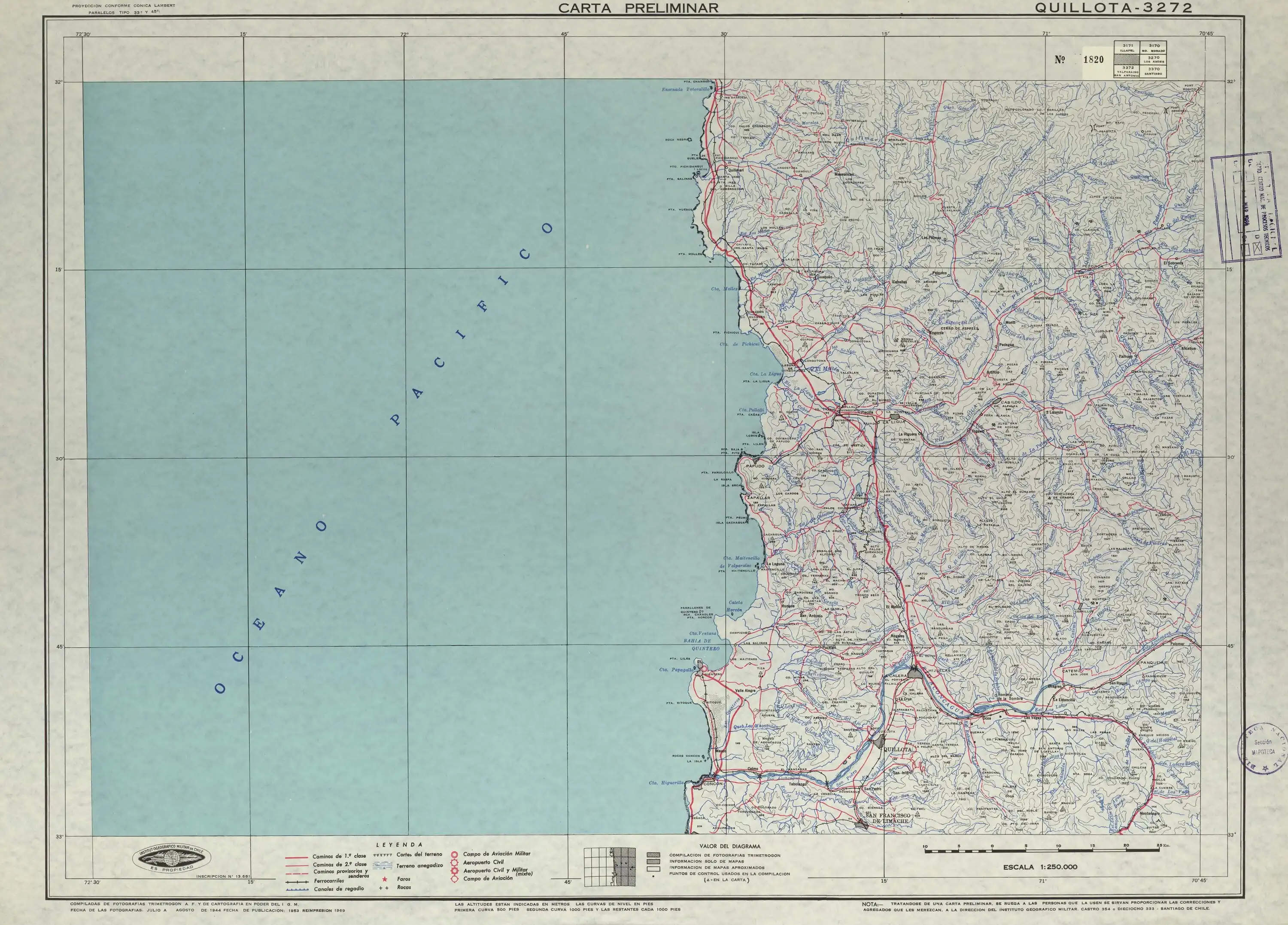 El estero El Cobre en una sección de un mapa del Instituto Geográfico Militar de Chile publicado en 1953 en una escala 1:250000.