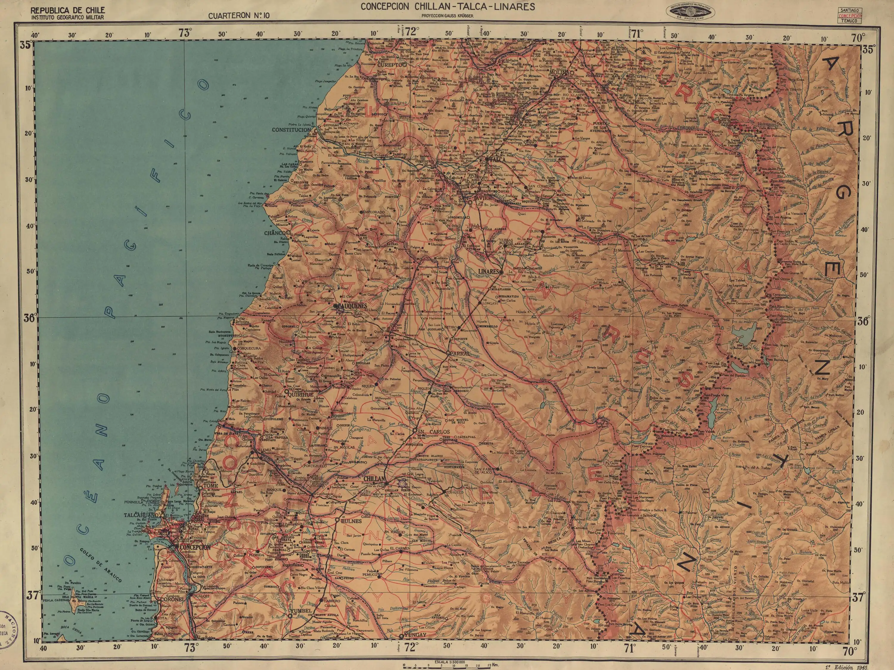 Los baños Maule, a la derecha, en una sección de un mapa publicado por el Instituto Geográfico Militar de Chile en 1955 con una escala de 1:500000 .