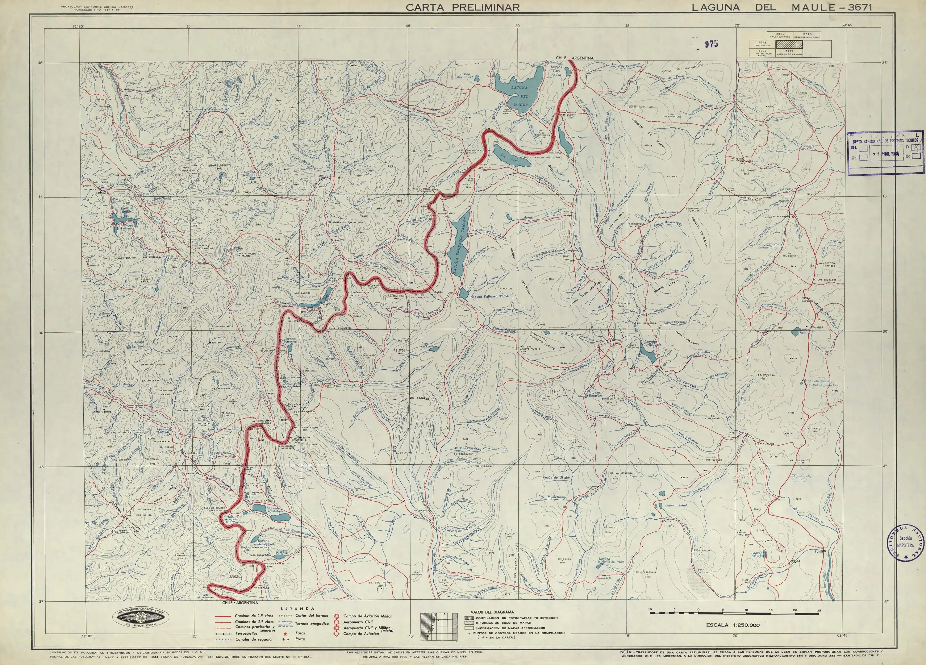 El río Bullilleo en una sección de un mapa del Instituto Geográfico Militar de Chile publicado en 1951 con una escala de 1:250000.