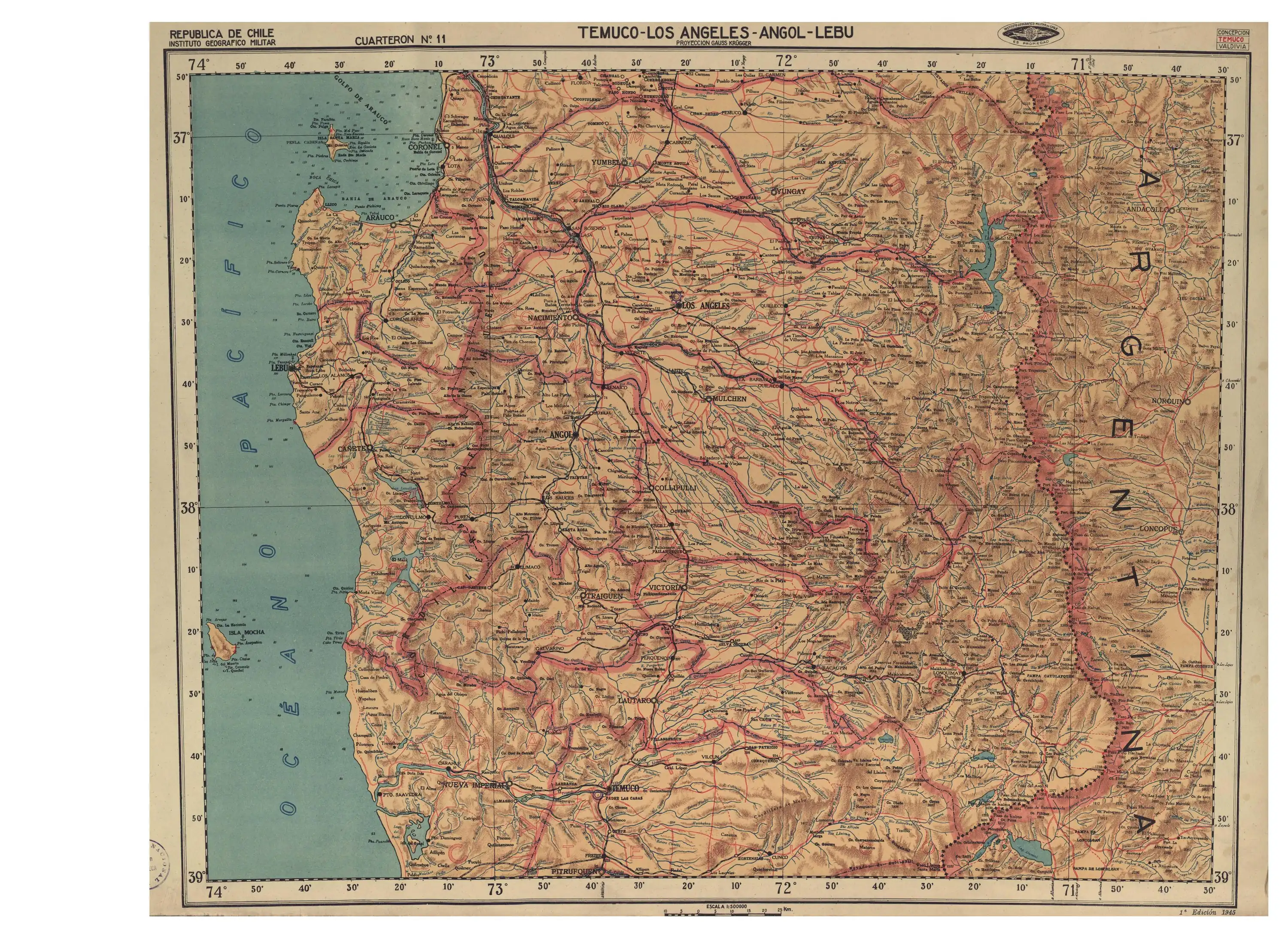 El río Negro en una seccción de un mapa publicado por el Instituto Geográfico Militar de Chile en 1945 con una escala de 1:500.000.