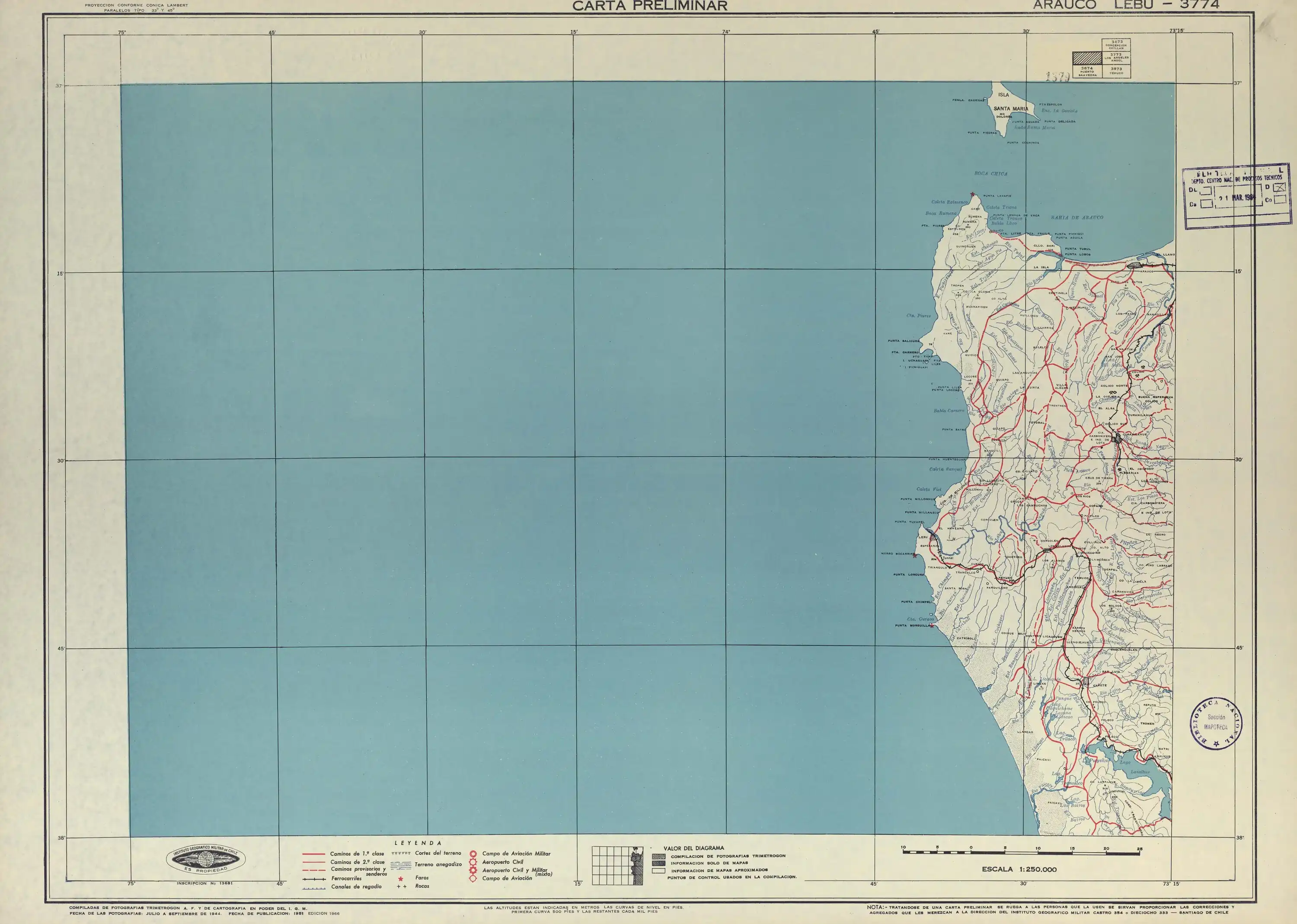 Ríos de la costa entre las ciudades de Arauco y Lebu en un mapa del Instituto Geográfico Militar de Chile publicado en 1951 con una escala de 1:250000.