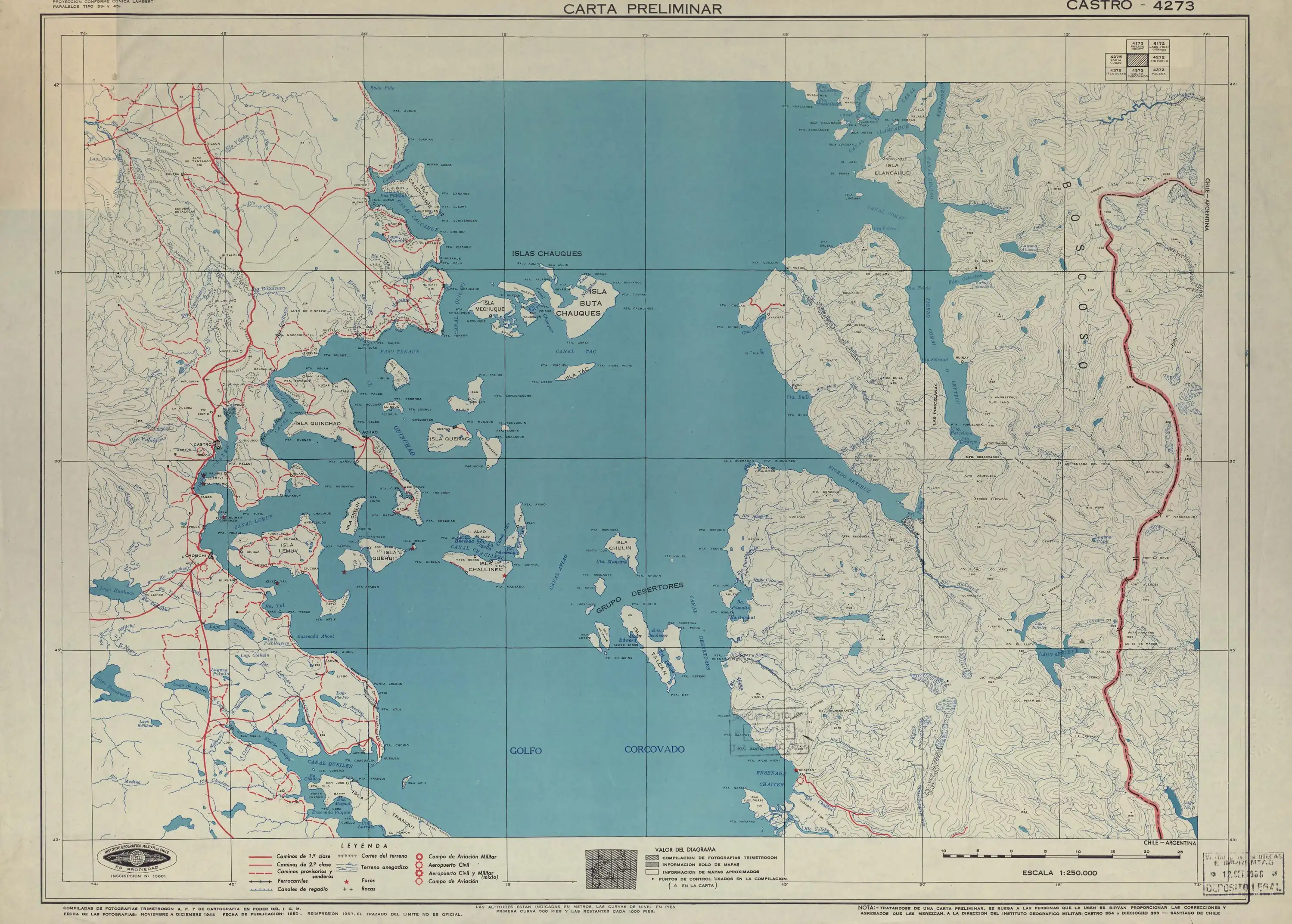 Cuenca del río Vodudahue en un mapa publicado por el Instituto Geográfico Militar de Chile en 1950.