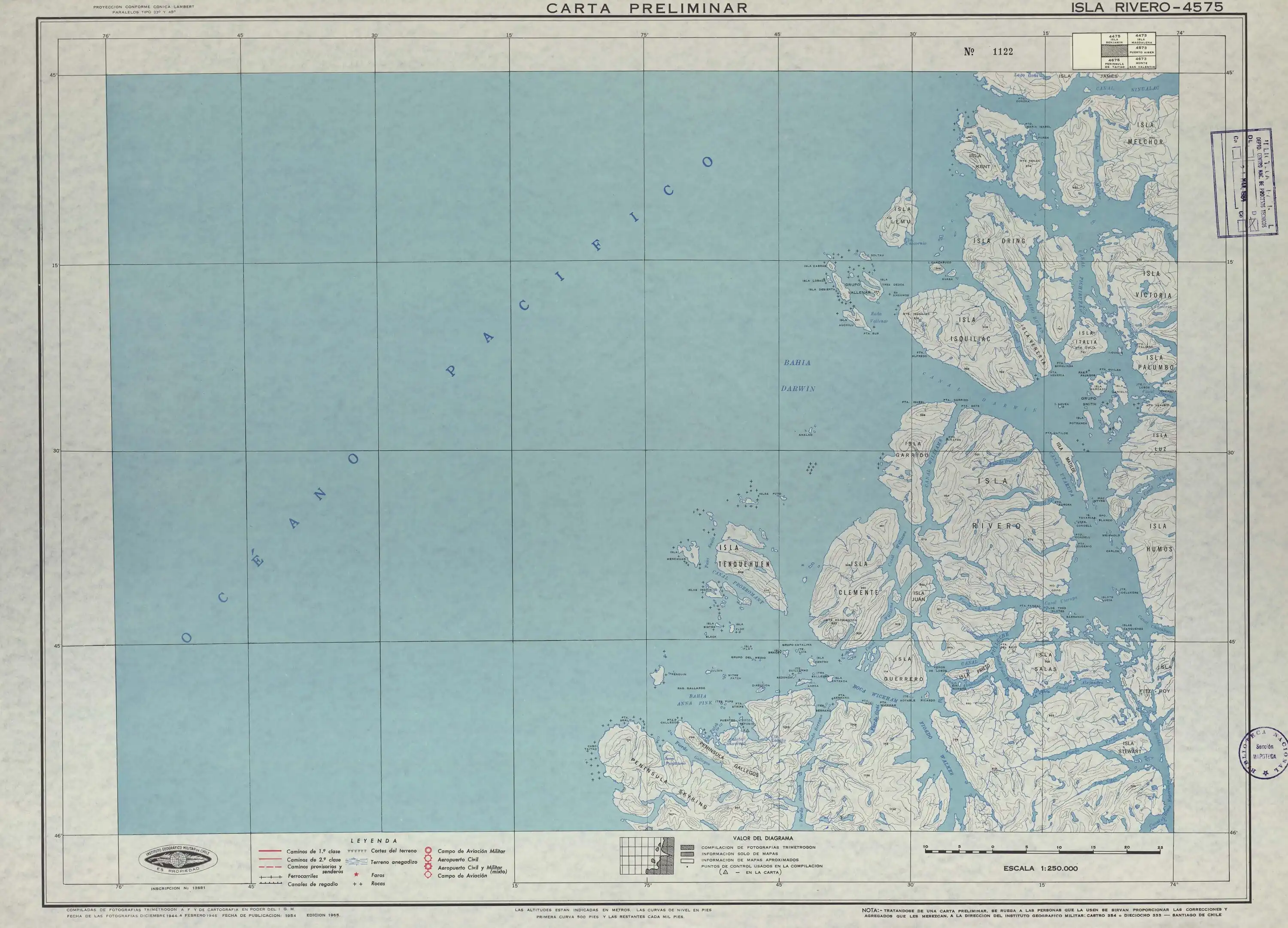 Sección de un mapa de la zona publicado por el Instituto Geográfico Militar de Chile con una escala de 1:250.000 .