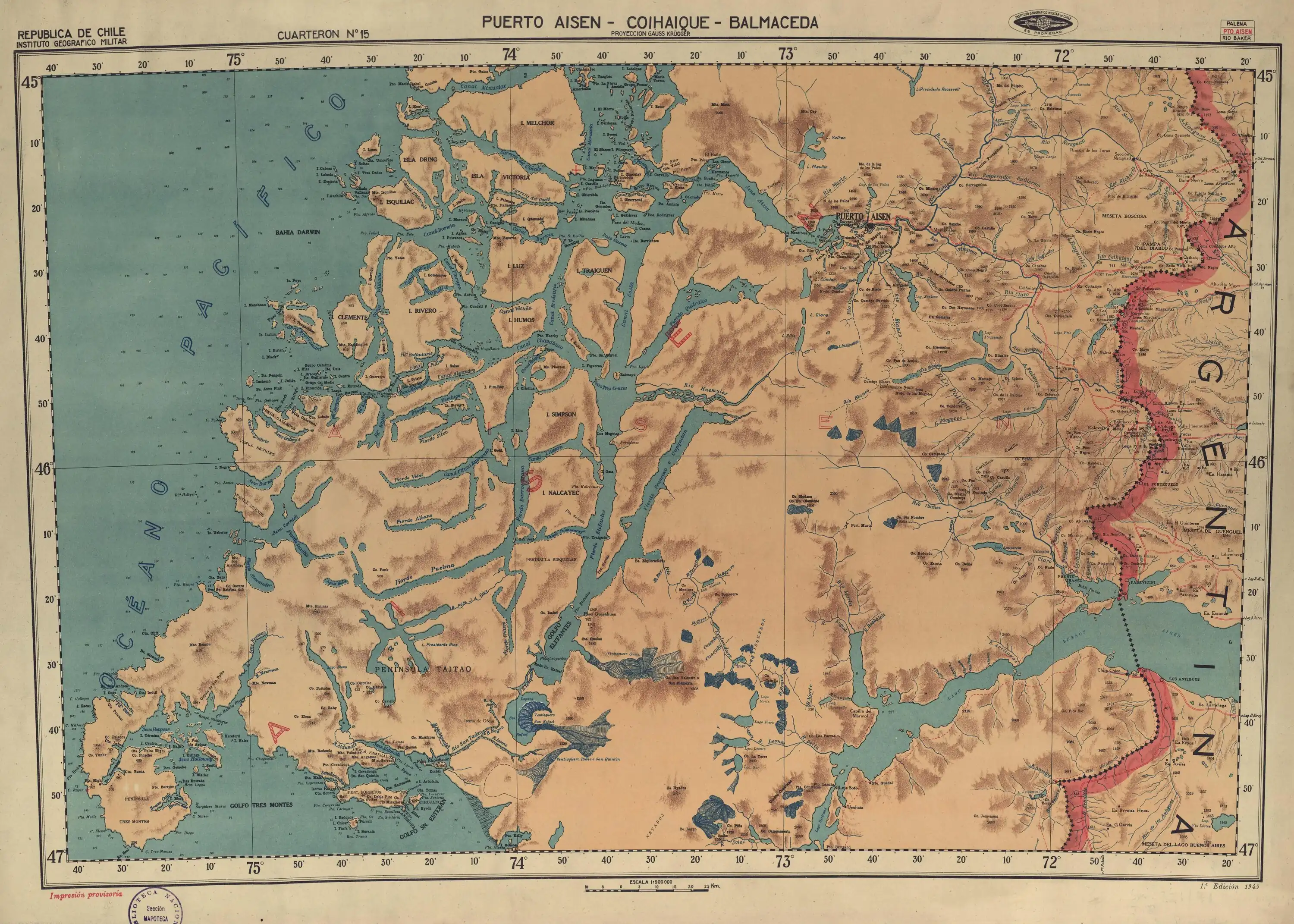 El río Jeinimeni en un mapa del Instituto Geográfico Militar de Chile publicado en 1945 en escala de 1:500000.