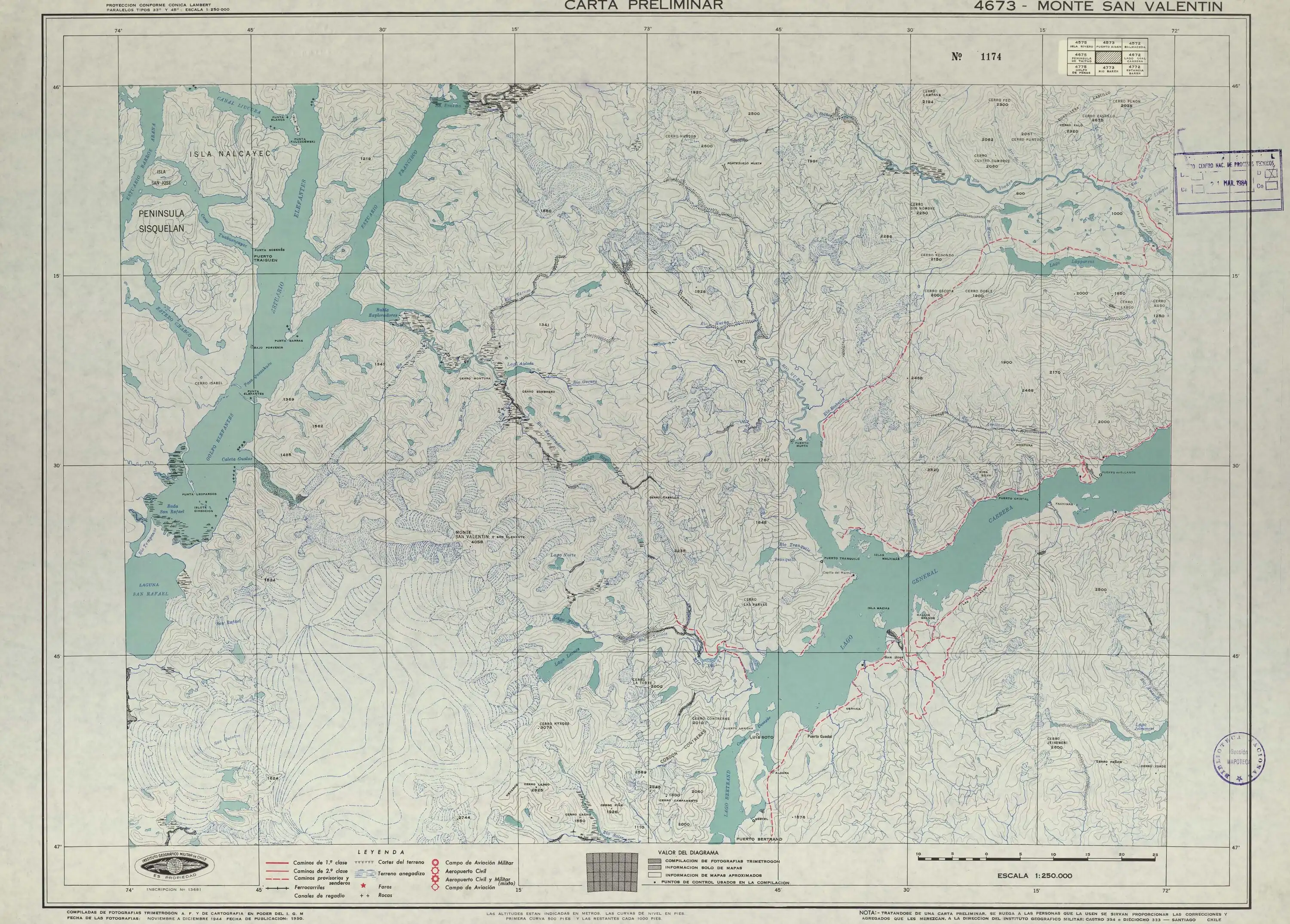 Sección de la zona entre el río Ibáñez y el lago Lapparent de un mapa publicado por el Instituto Geográfico Militar (Chile) en 1950 en una escala de 1:250000. Según el mapa de openstreetmap el lago Alto es el que esta an norte del Apparent, el de más al norte es el lago Verde y el que está sobre la vertical en el centro del Apparent es el lago Las Ardillas.