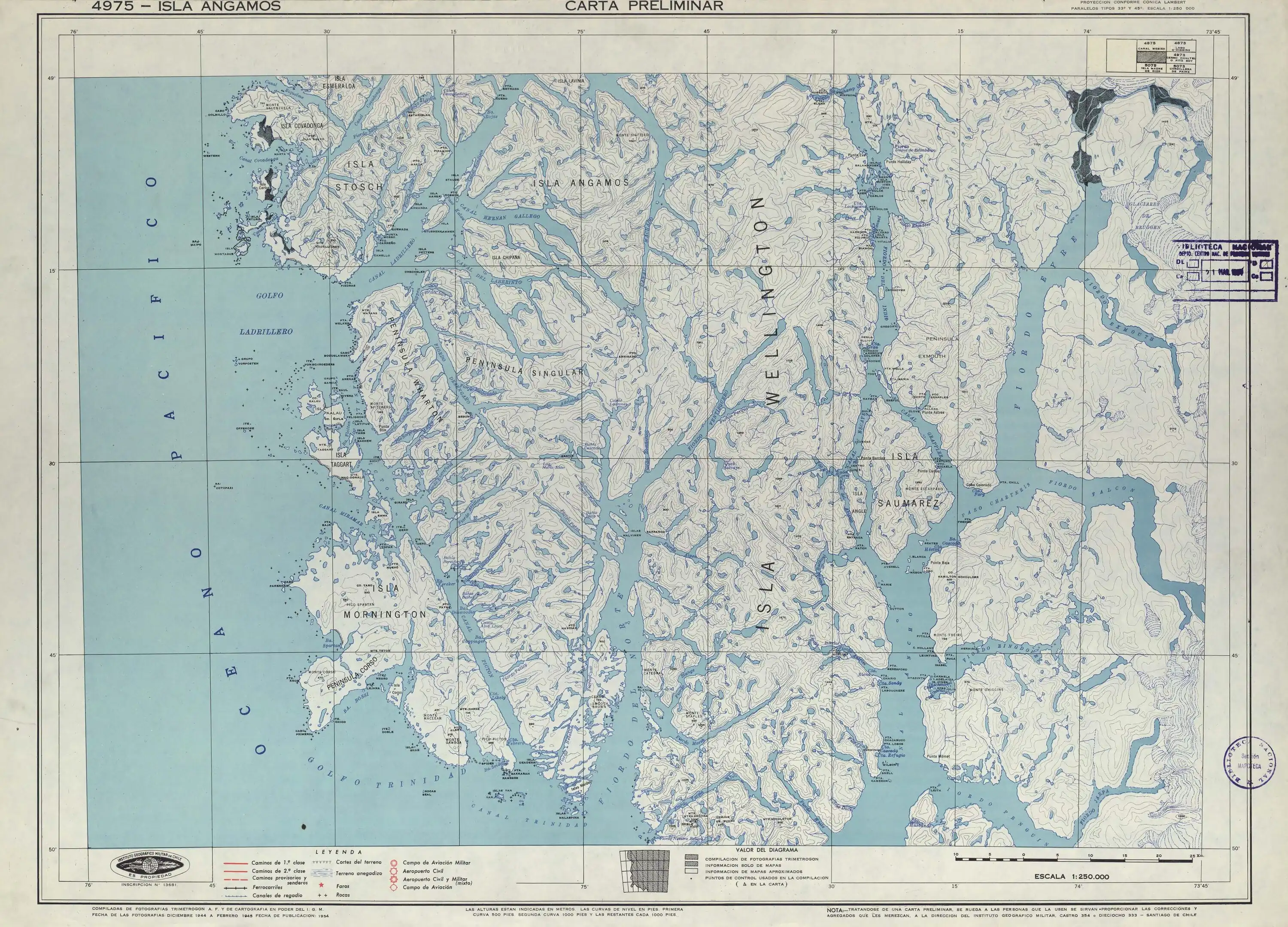 Fiordo Exmouth en el mapa del Instituto Geográfico Militar (Chile) de 1950.