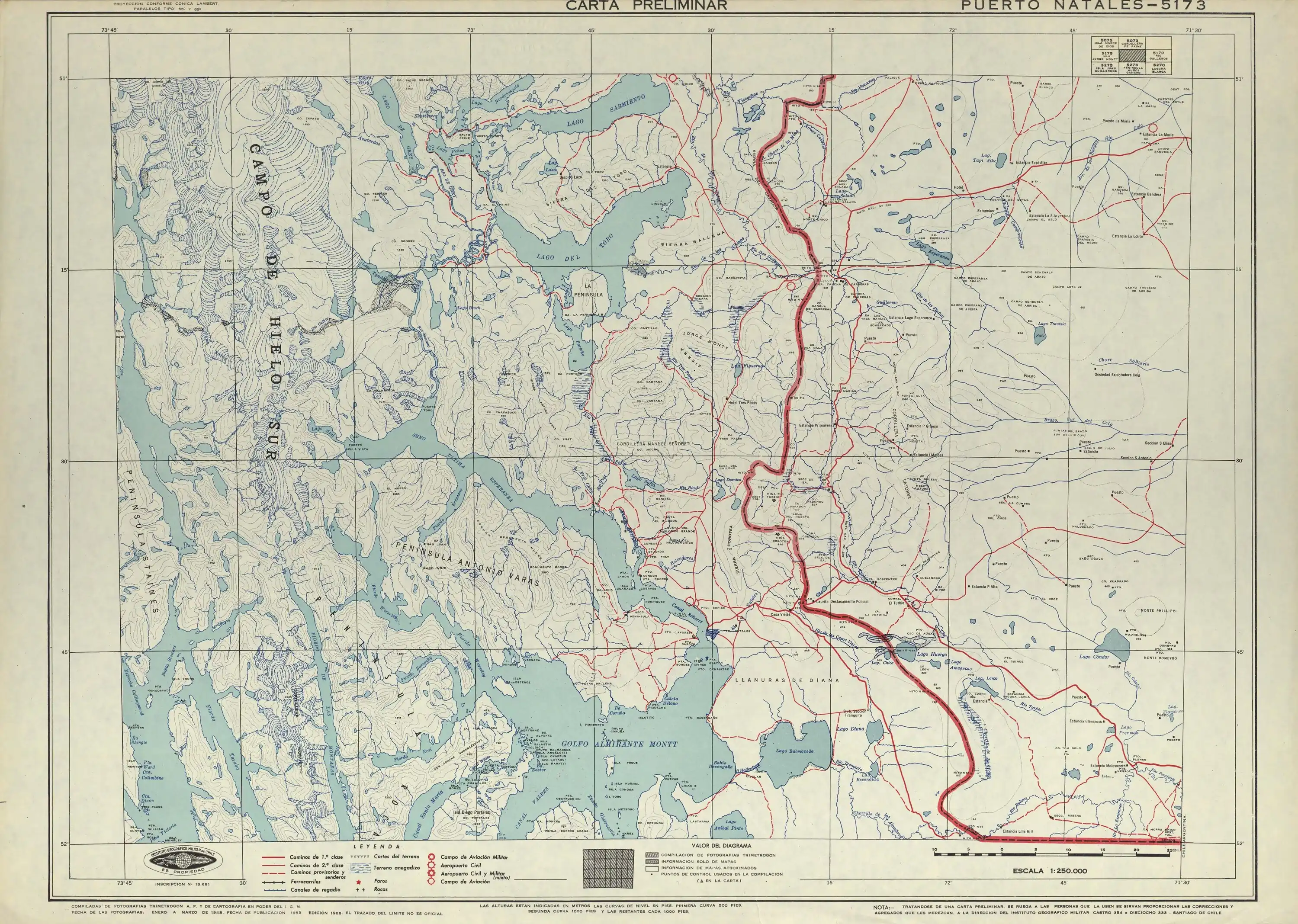 El lago en un mapa del Instituto Geográfico Militar de Chile publicado en 1953 en una escala de 1:250.000 .