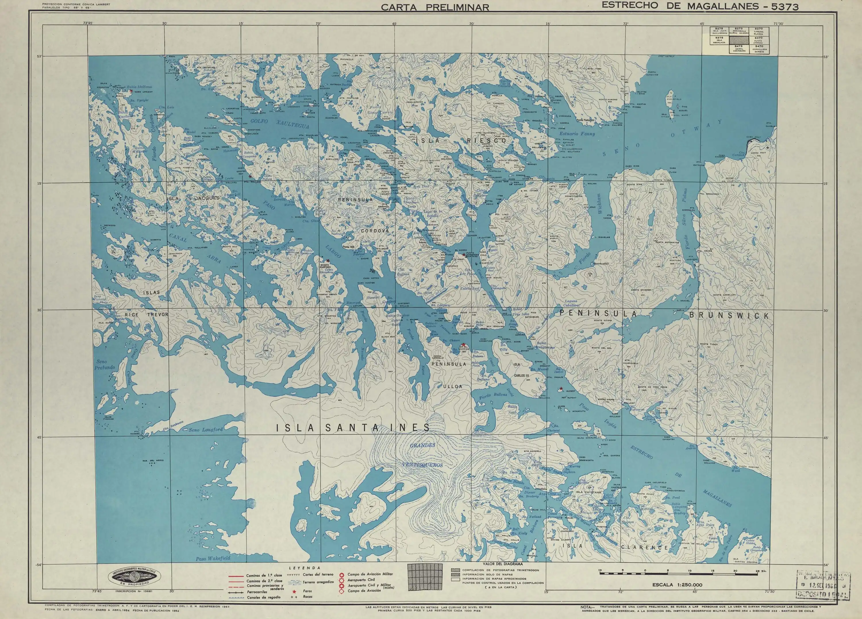 Mapa de la zona publicado por el Instituto Geográfico Militar de Chile en 1954 con una escala de 1:250.000.