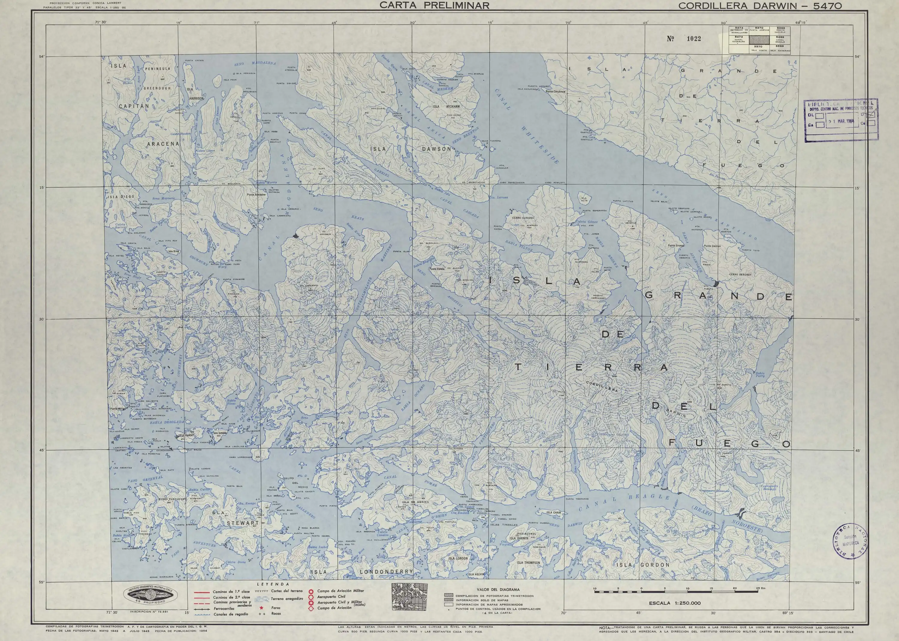 Mapa publicado por el Instituto Geográfico Militar de Chile en 1954 con una escala de 1:250.000.