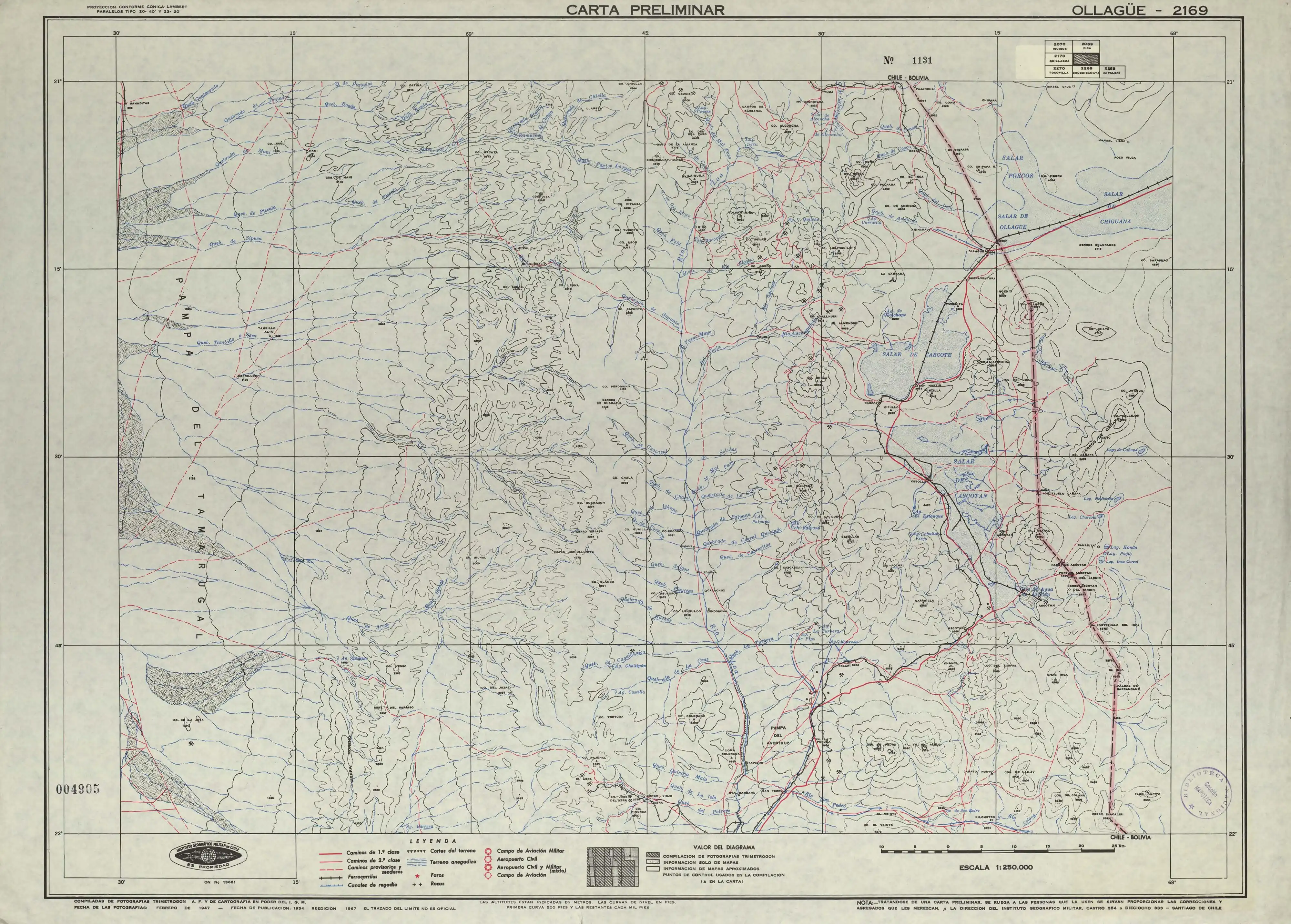 El salar de Alconcha en un mapa del Instituto Geográfico Militar de Chile publicado en 1954 con una escala de 1:250000.
