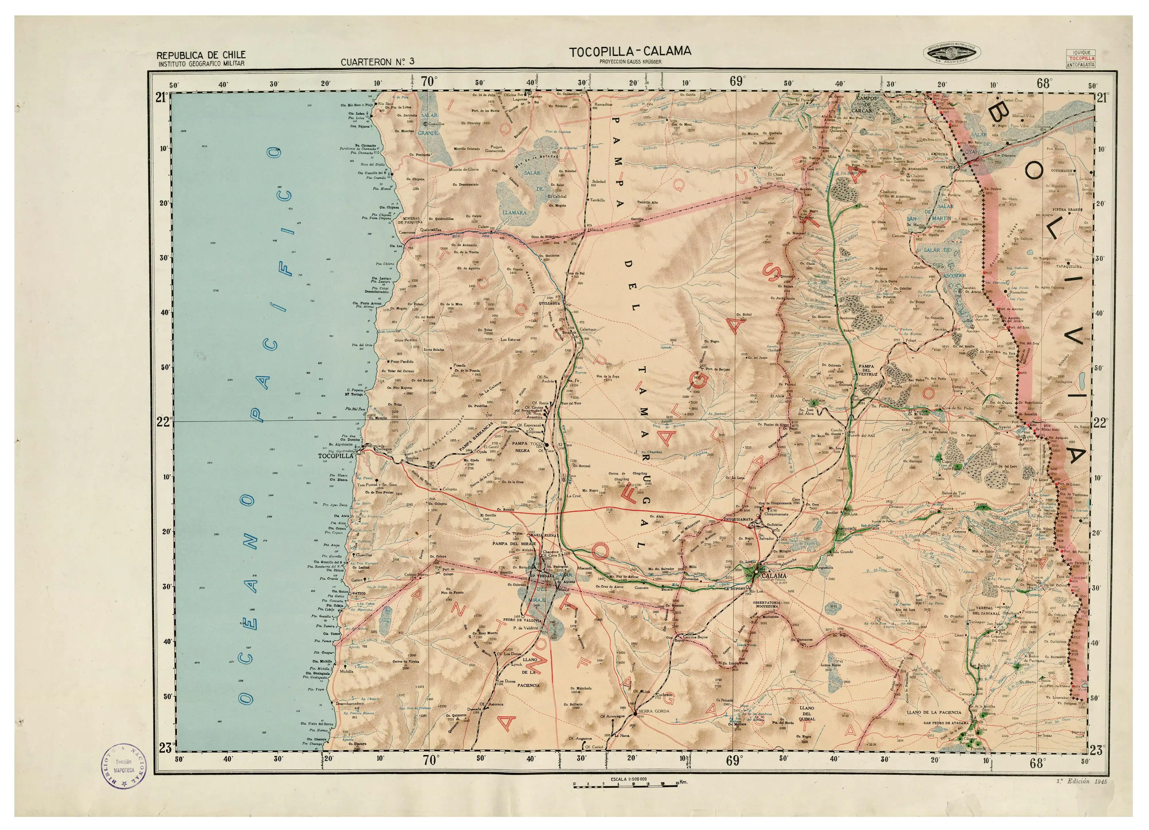La cuenca del río San Pedro de Atacama, en un mapa de Instituto Geográfico Militar (Chile) publicado en 1945 con escala 1:500.000.