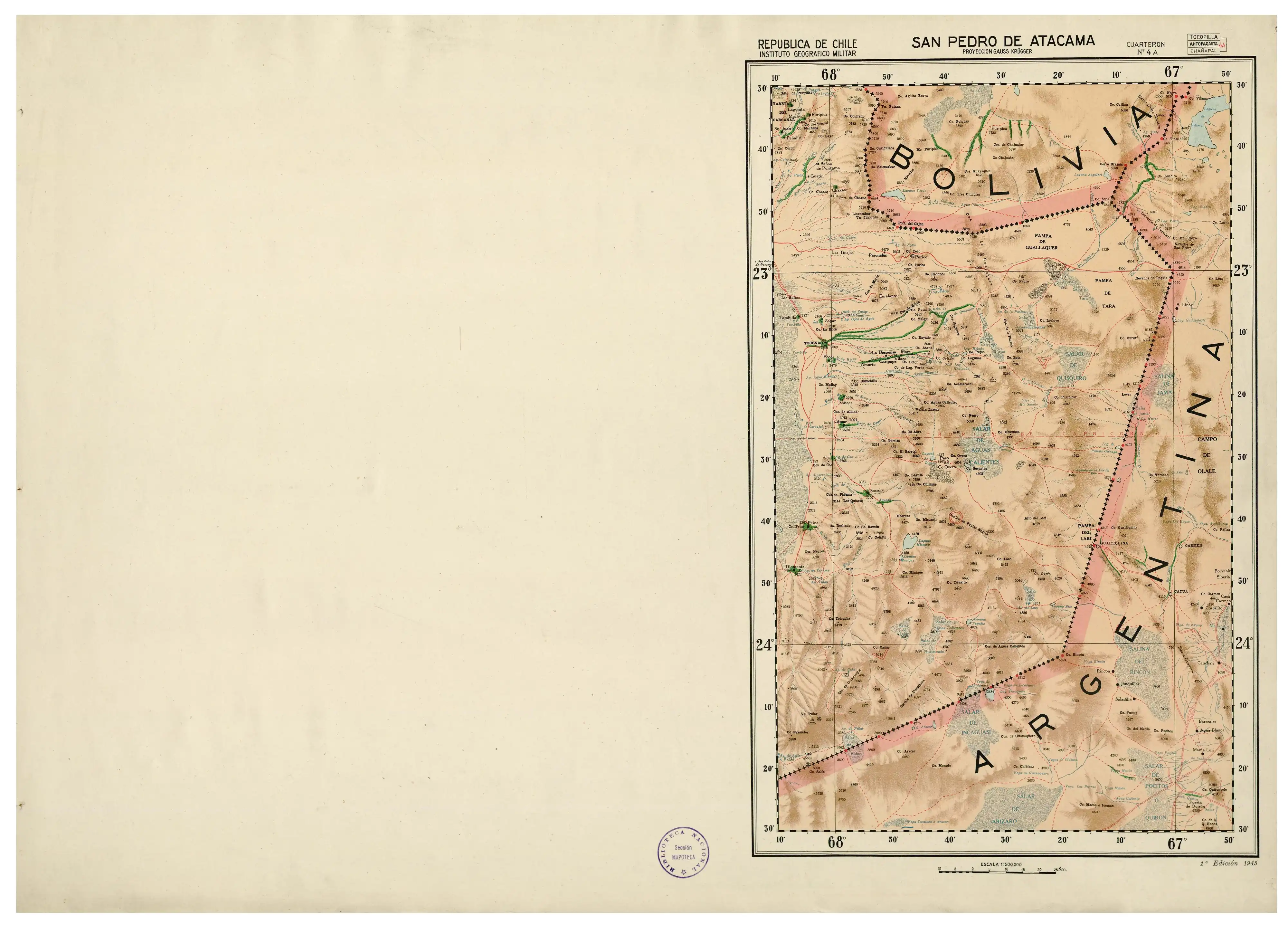 Nevado de Poquis en un mapa del Instituto Geográfico Militar publicado en 1945 con una escala de 1:500000. Al oeste, el río Zapaleri.