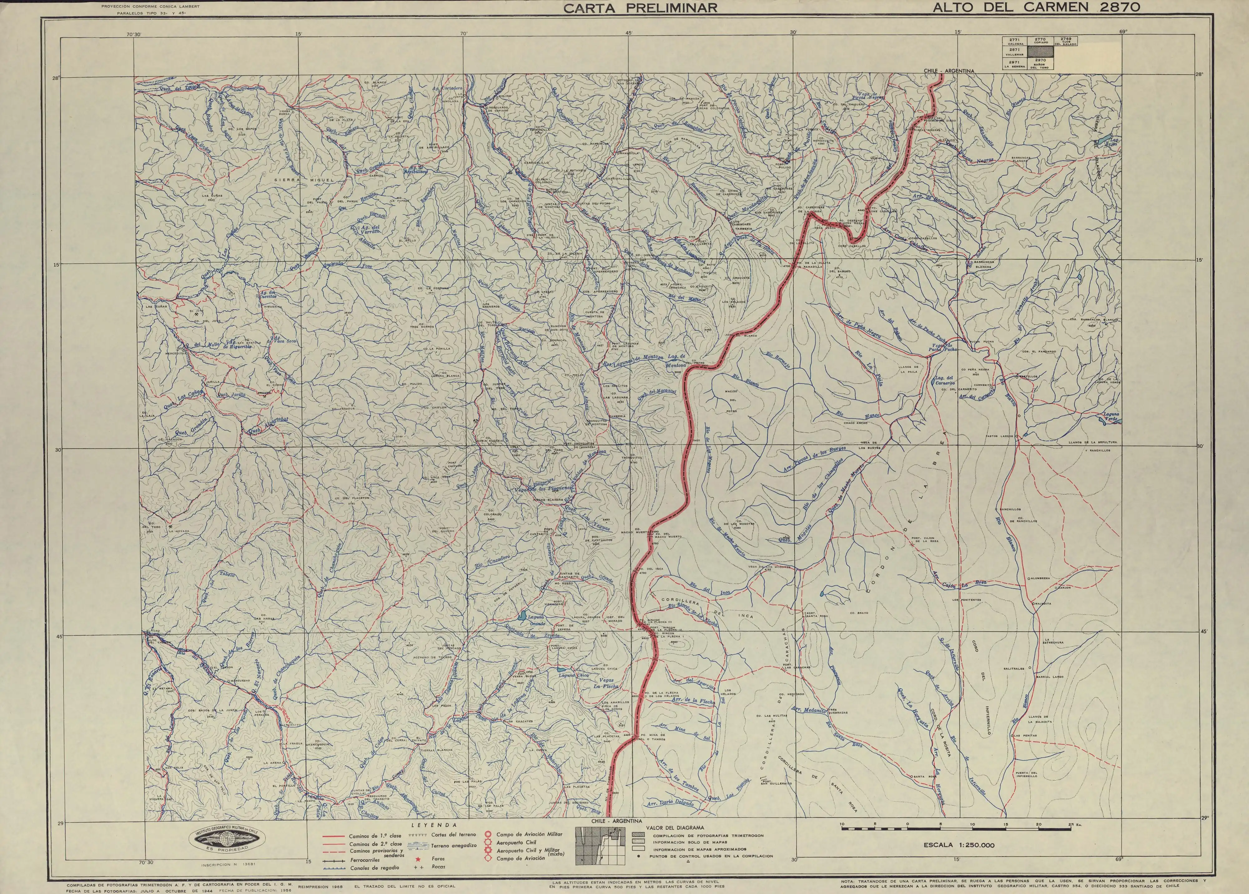 Mapa elaborado por el Instituto Geográfico Militar de Chile en escala 1:250000 y publicado en 1956.