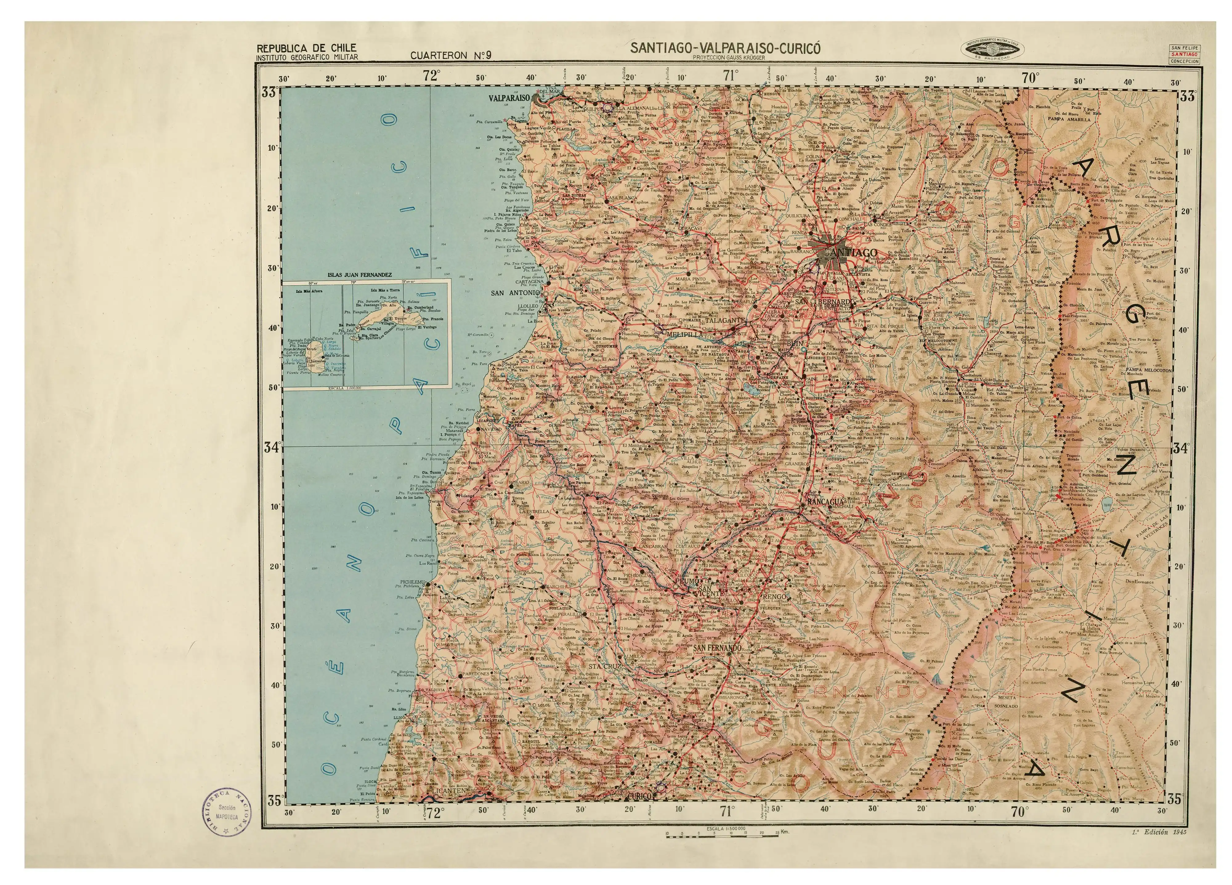 Mapa de la zona del Instituto Geográfico Militar (Chile) publicado en 1945 con una escala de 1:500000.