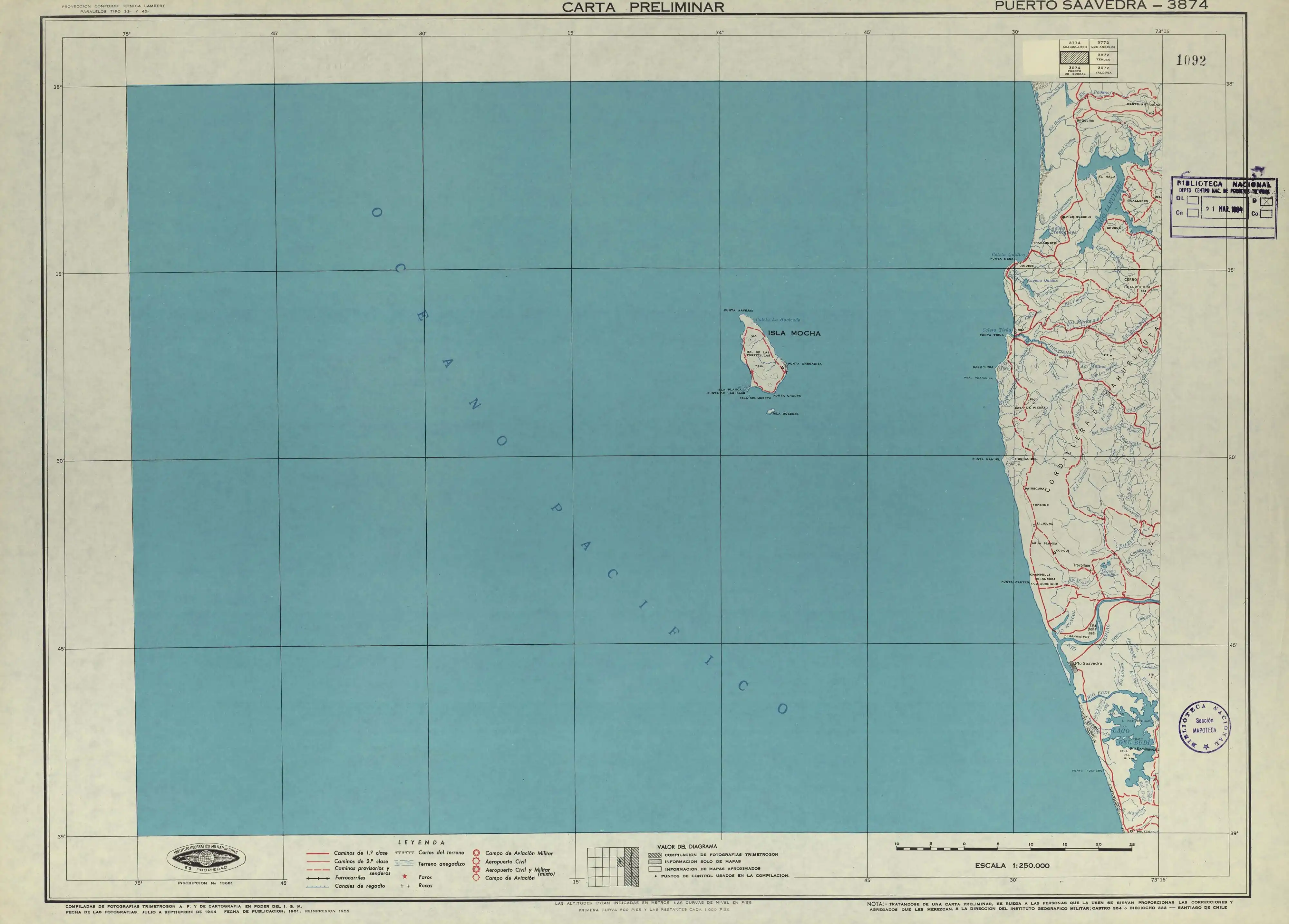 Cuenca del río Moncul en un mapa publicado por el Instituto Geográfico Militar de Chile en 1951 con una escala de 1:250000.