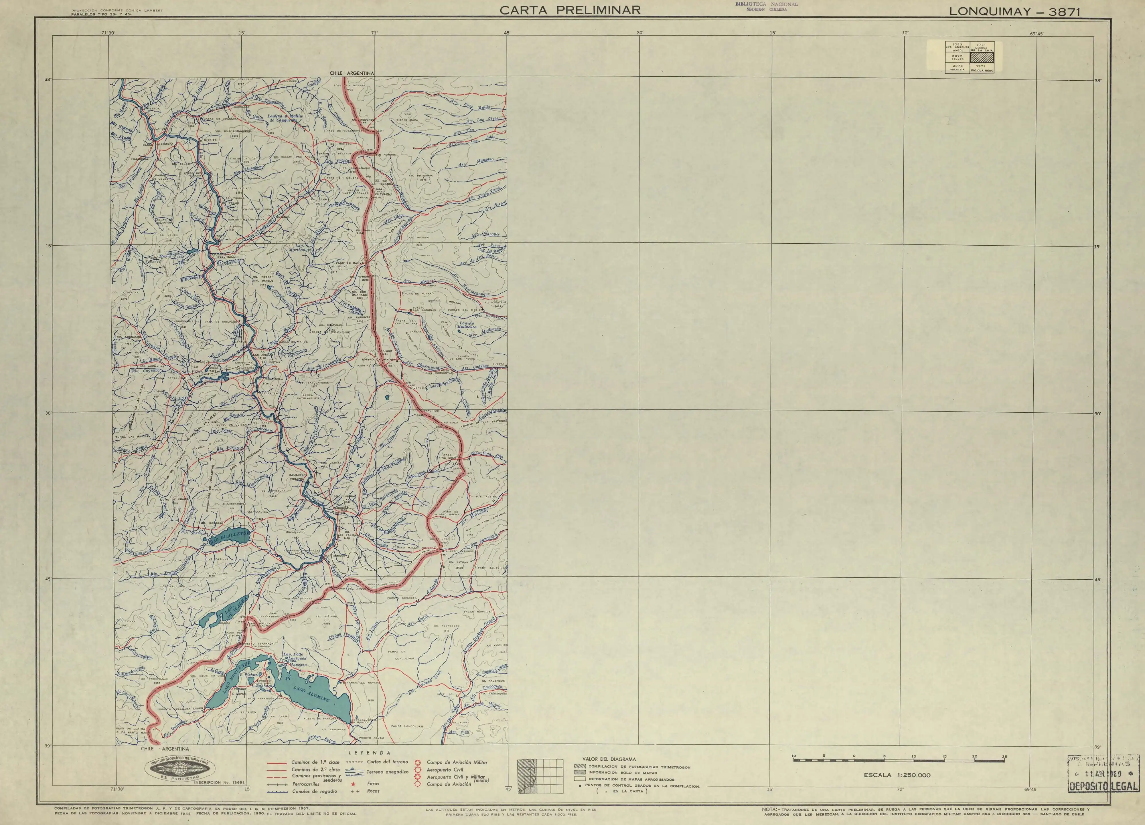 Mapa de la zona publicado por el Instituto Geográfico Militar de Chile en 1950 en una escala de 1:250000.