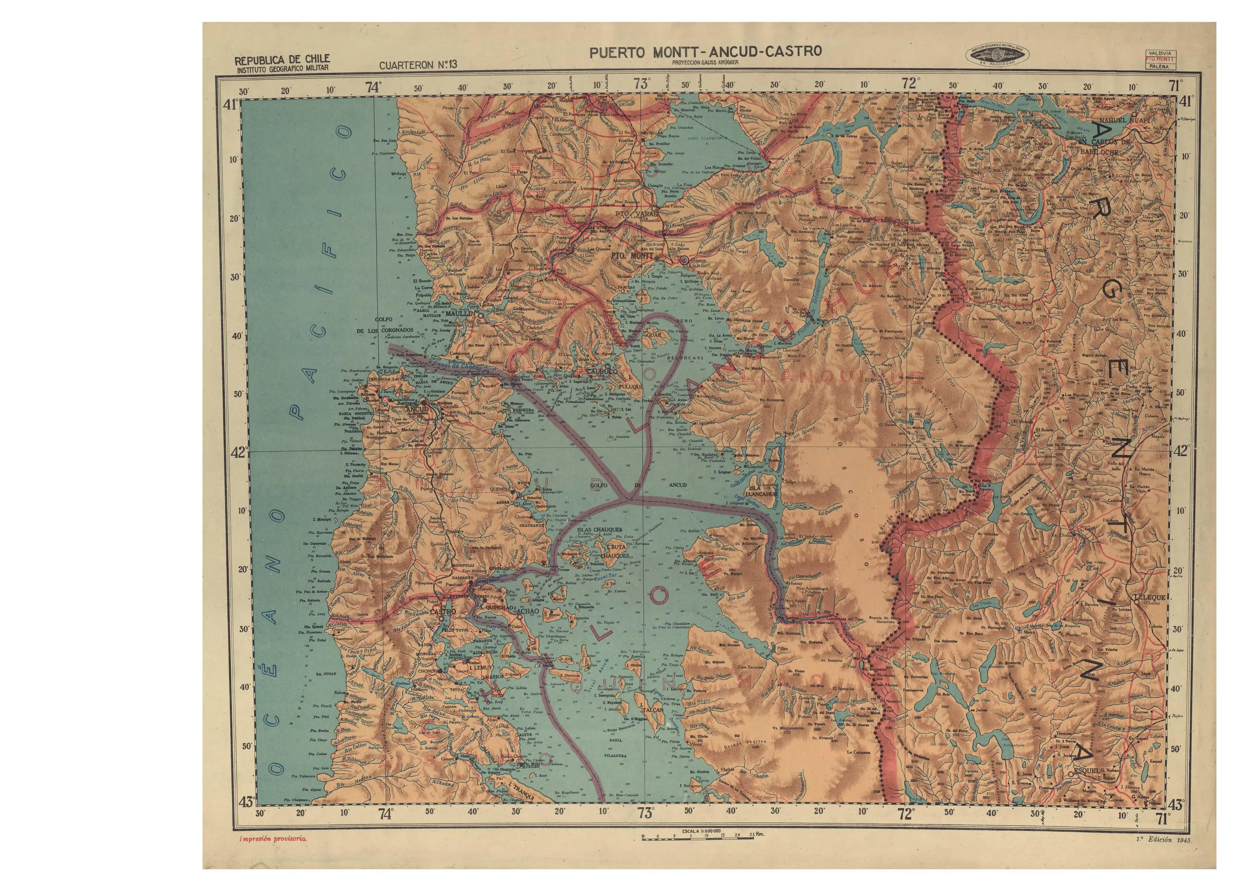 El río Lenca en un mapa del Instituto Geográfico Militar de Chile publicado en 1945 con un escala de 1:500.000 .