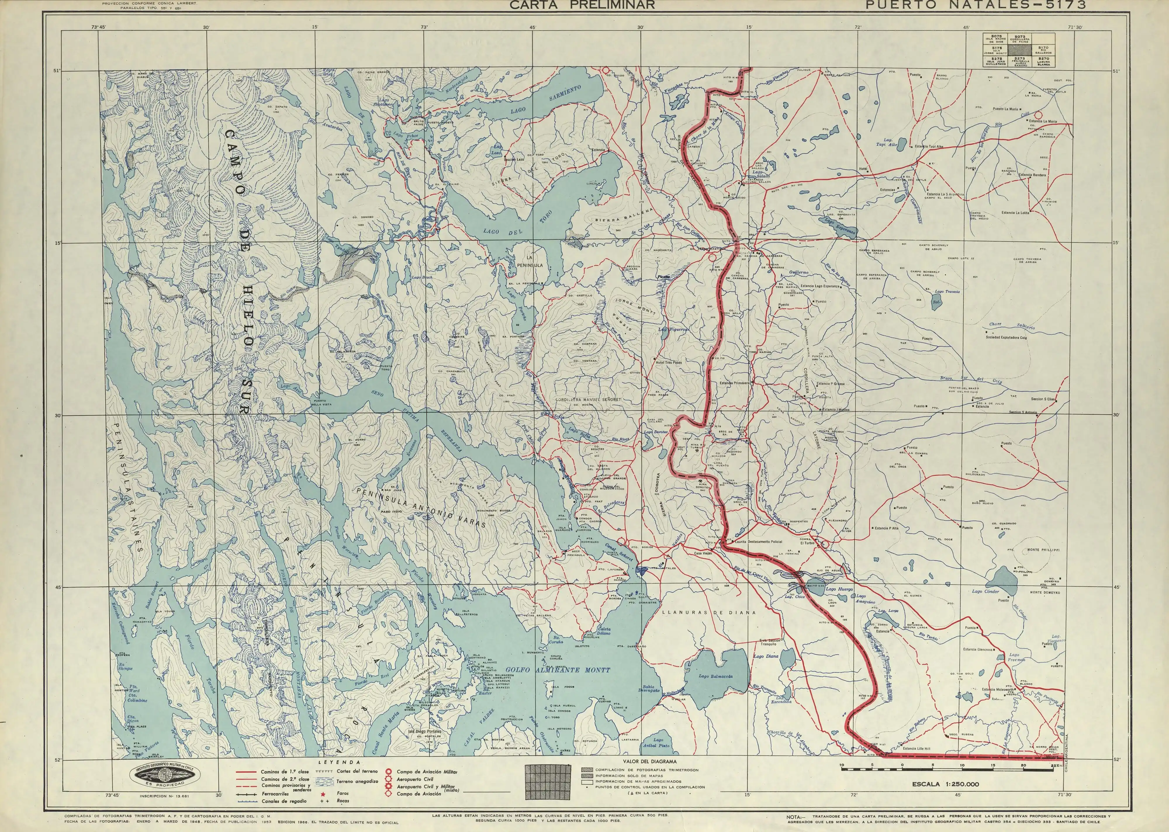Cuenca del río Prat, en un mapa del Instituto Geográfico Militar de Chile publicado en 1953 en escala de 1:250.000