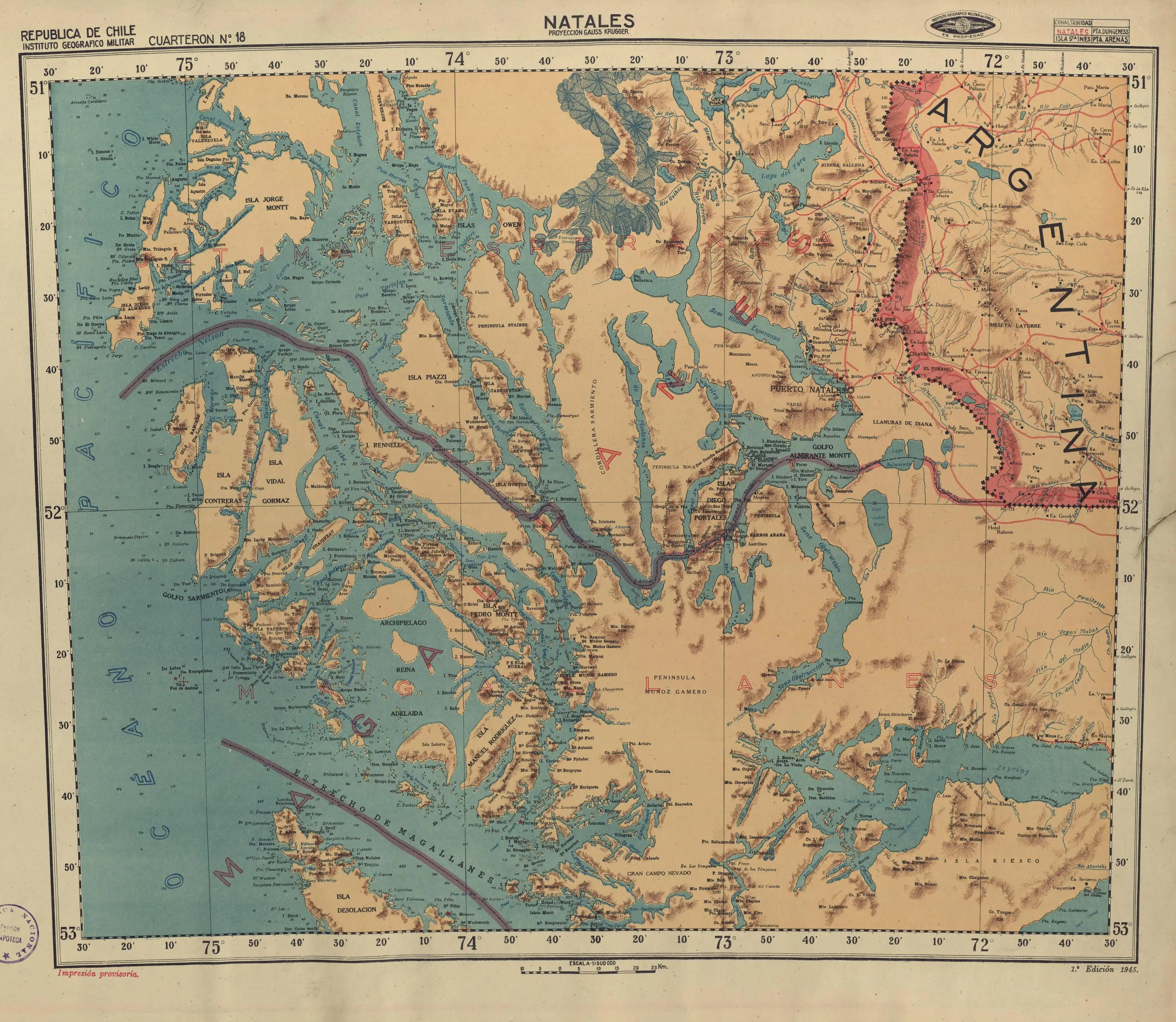 Los ríos Hollenberg, Tranquilo y Casas Viejas en un mapa del Instituto Geográfico Militar de Chile publicado en 1945 con una escala de 1:500.000.