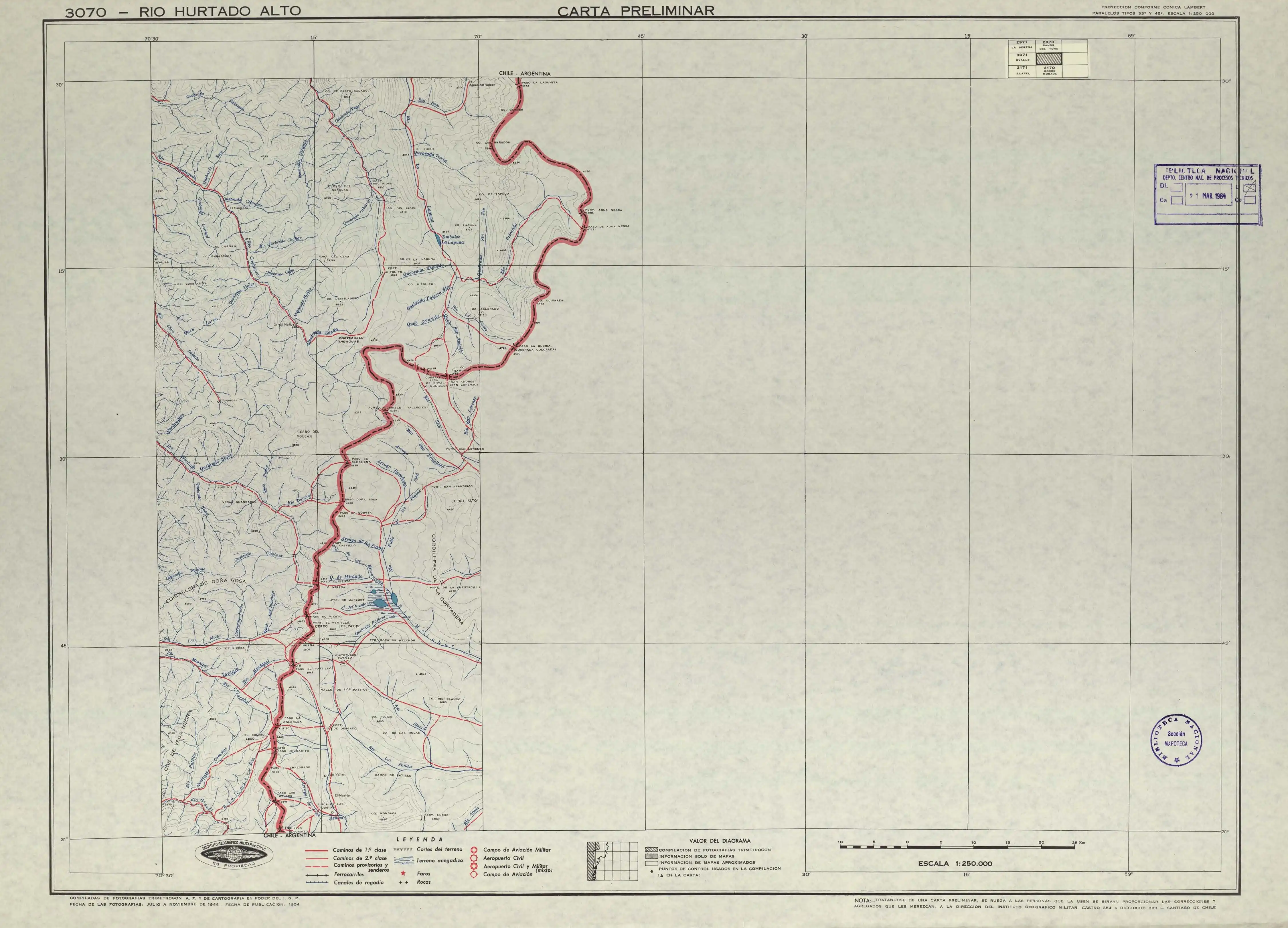 Mapa elaborado por el Instituto Geográfico Militar de Chile en 1954 con una escala de 1:250000.
