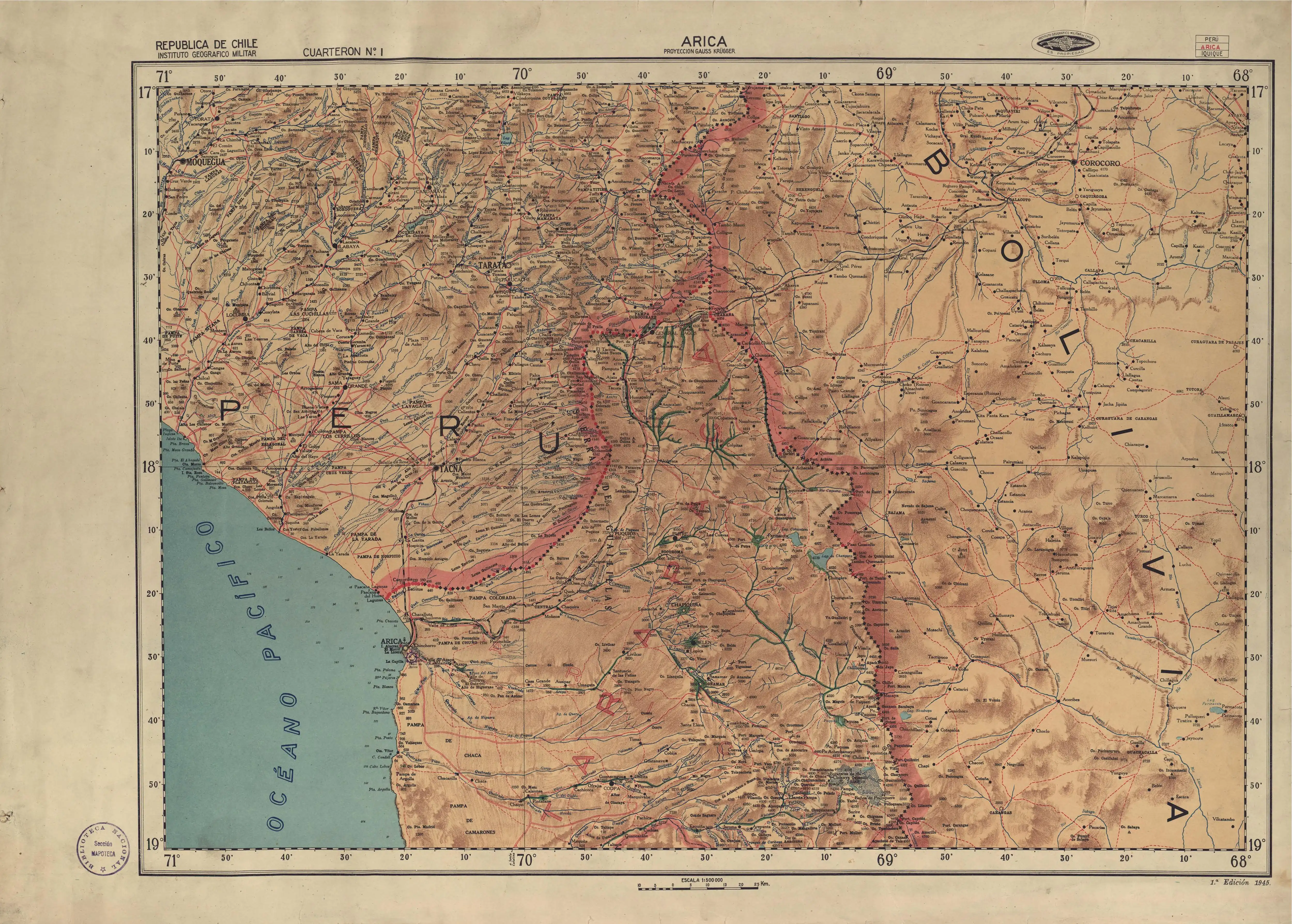 Cuenca del salar de Surire en un mapa del IGM de 1945. Ver también el mapa de la zona del IGM de 1954 con una escala 1:250000.