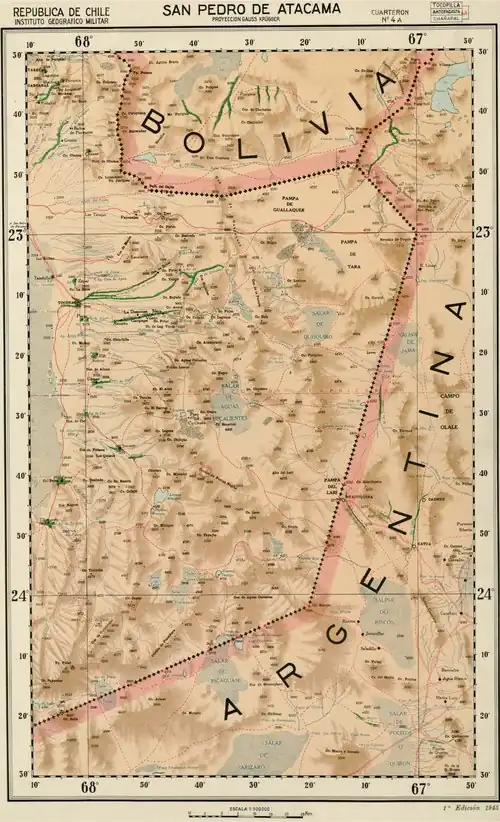 Mapa de la zona publicado por el Instituto Geográfico Militar (Chile) en 1945 en una escala de 1:500000.