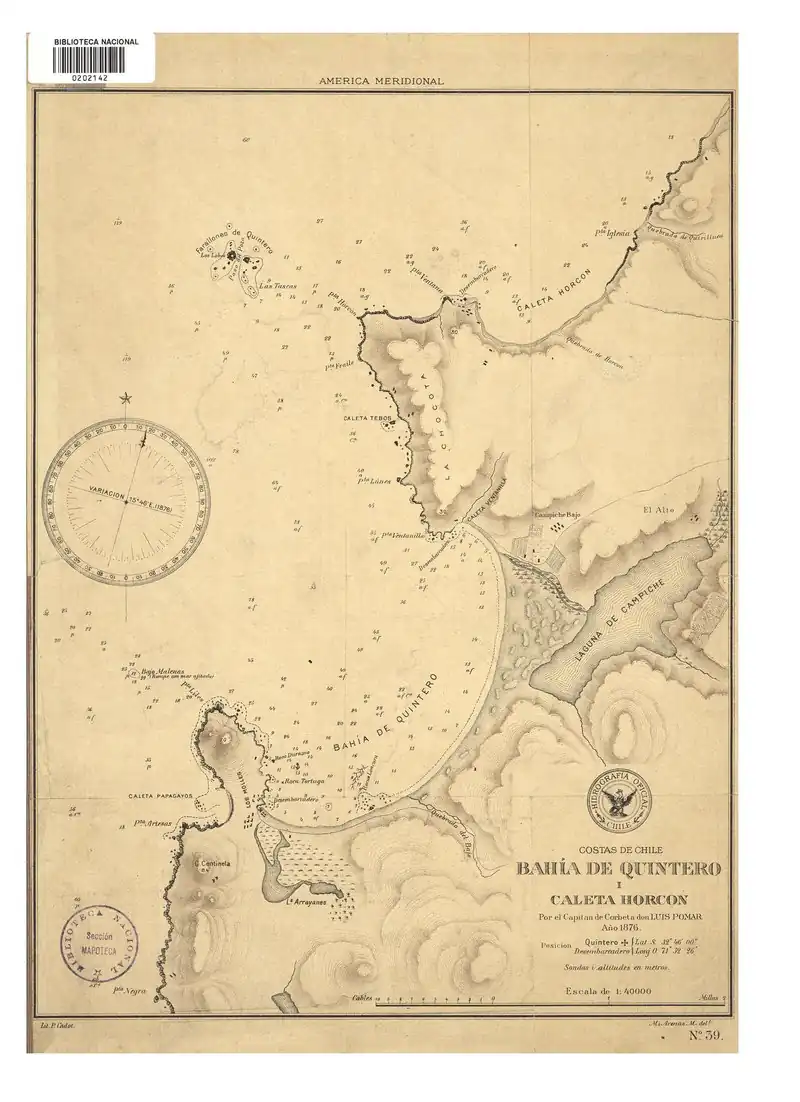 Cuenca del estero Puchuncaví según mapa del Servicio Hidrográfico y Oceanográfico de la Armada de Chile hecho por Luis Pomar el año 1876.