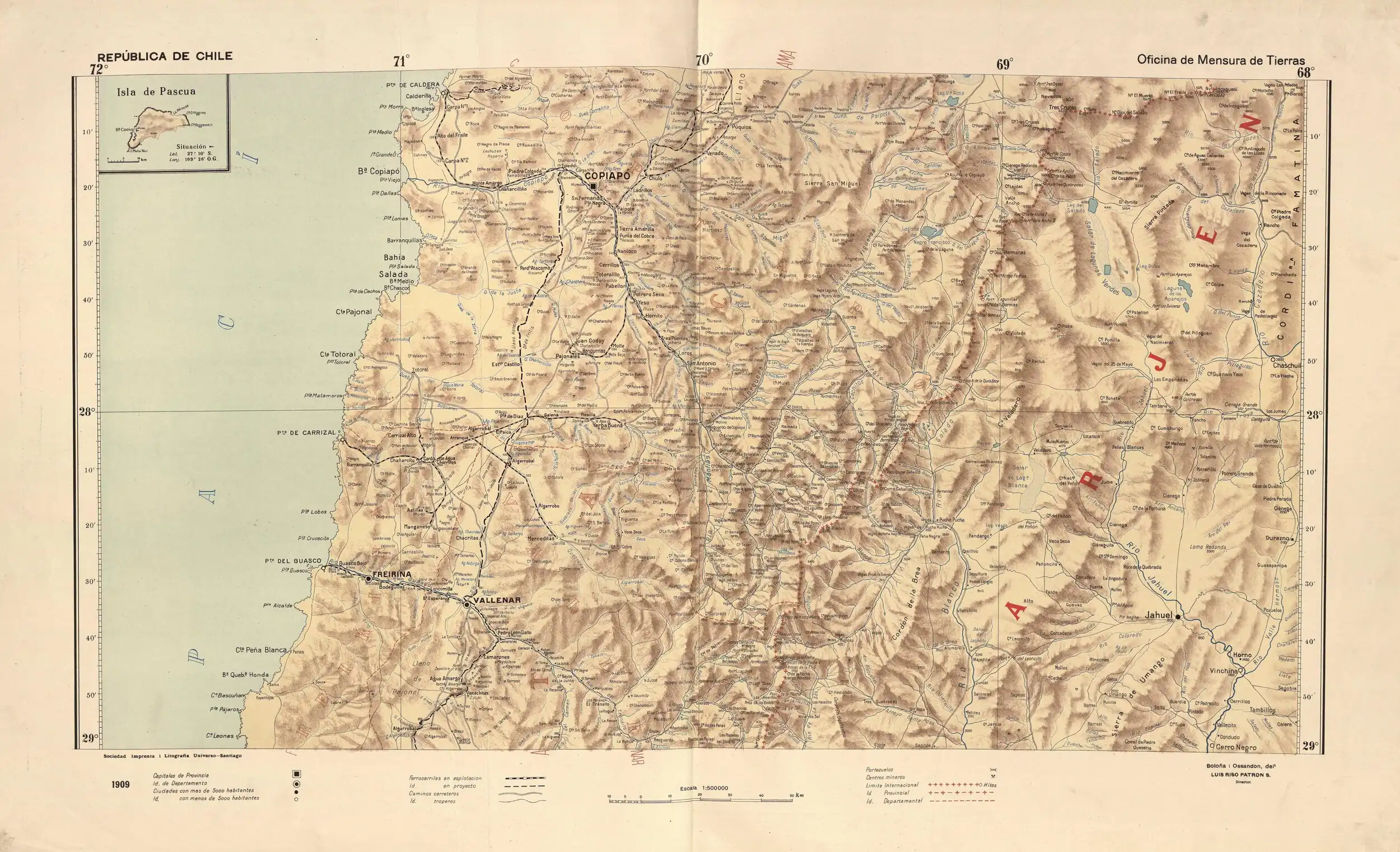 La cordillera de los Chilenos, al este de la ciudad de Copiapó, en el mapa de Chile de 1910, página 14, de Luis Risopatrón. No aparece nombrada en el mapa, pero aparecen la quebrada de San Miguel y el cerro Carrilazillo.